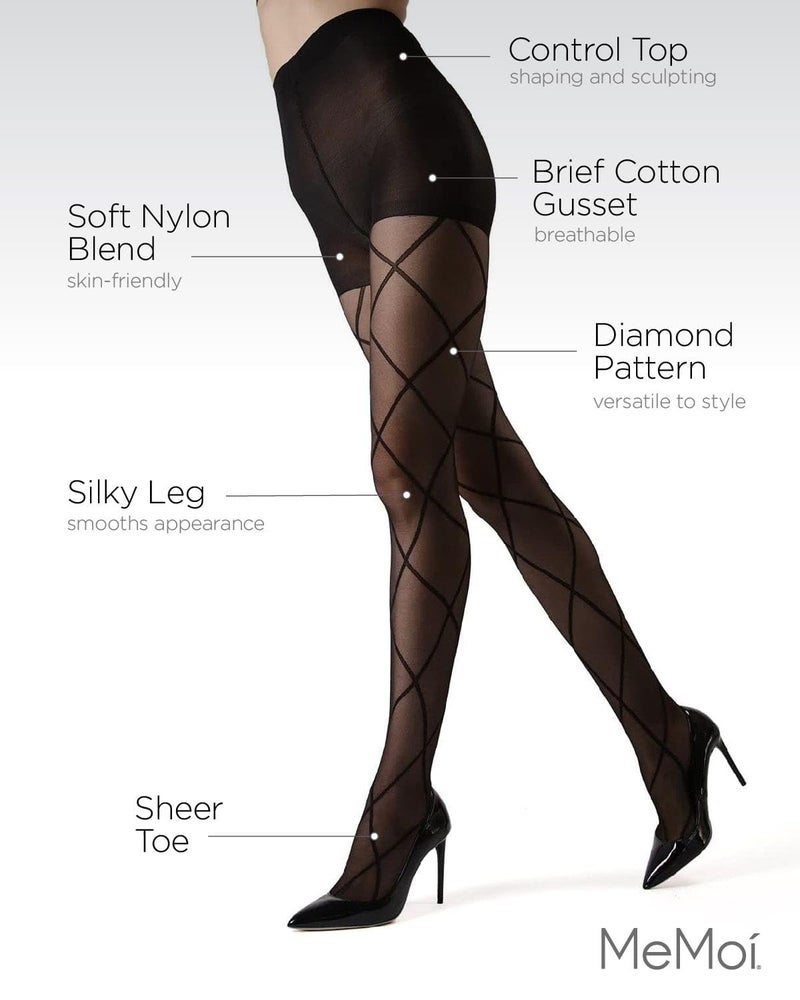 MeMoi Diamond Patterned Sheer Tights, Elegant Control Top Tights for Women, Flexible Comfort - Sizes Small to Large, Black-Black, Small/Medium - Image 3